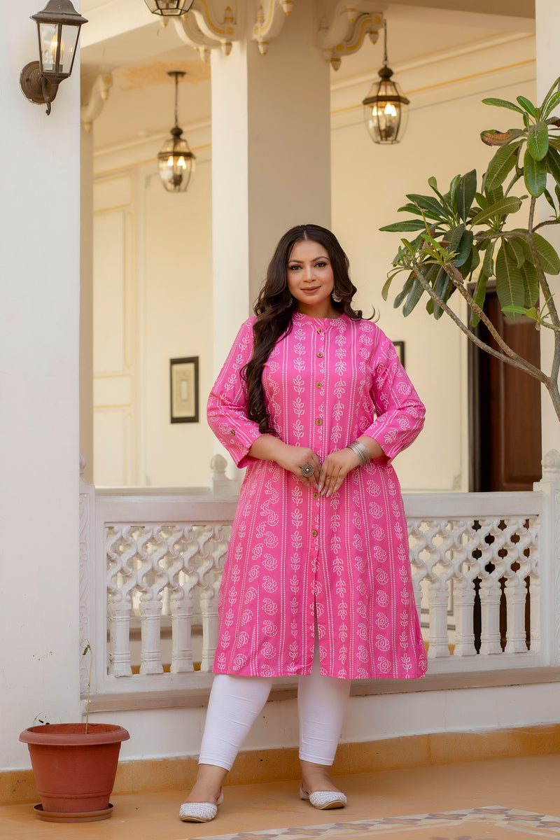 Rayon Printed Pink  Calf-Length Kurti with Three Quarter Sleeves (Plus Size)