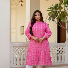 Rayon Printed Pink  Calf-Length Kurti with Three Quarter Sleeves (Plus Size)