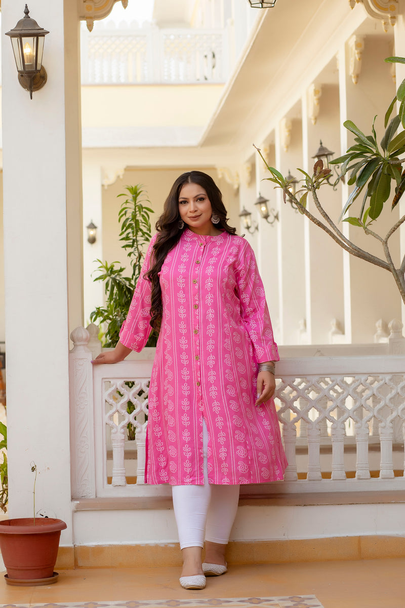 Rayon Printed Pink  Calf-Length Kurti with Three Quarter Sleeves (Plus Size)