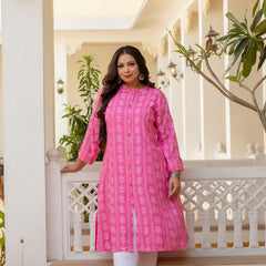 Rayon Printed Pink  Calf-Length Kurti with Three Quarter Sleeves (Plus Size)