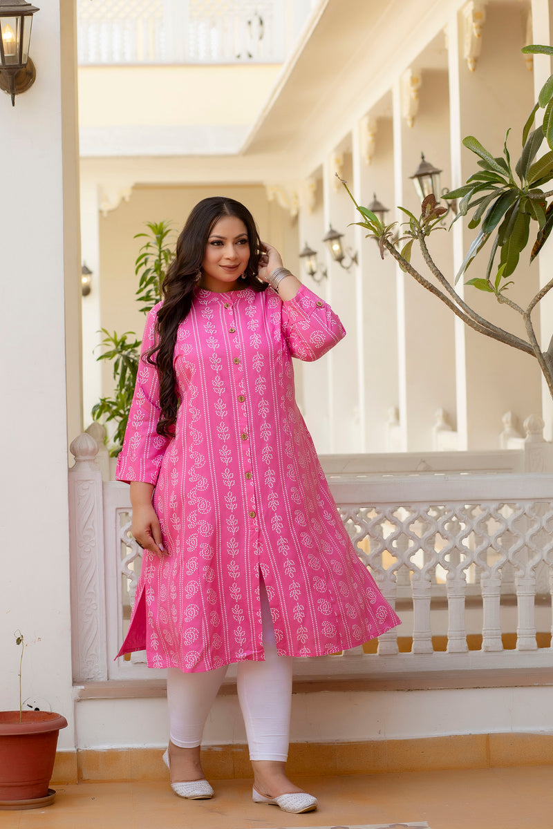 Rayon Printed Pink  Calf-Length Kurti with Three Quarter Sleeves (Plus Size)