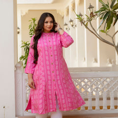 Rayon Printed Pink  Calf-Length Kurti with Three Quarter Sleeves (Plus Size)