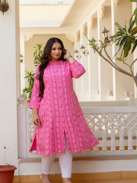 Rayon Printed Pink  Calf-Length Kurti with Three Quarter Sleeves (Plus Size)