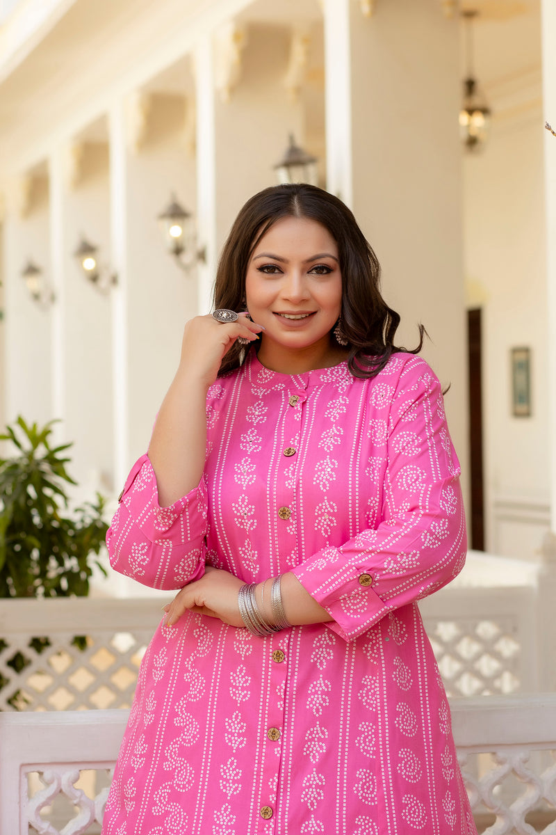 Rayon Printed Pink  Calf-Length Kurti with Three Quarter Sleeves (Plus Size)