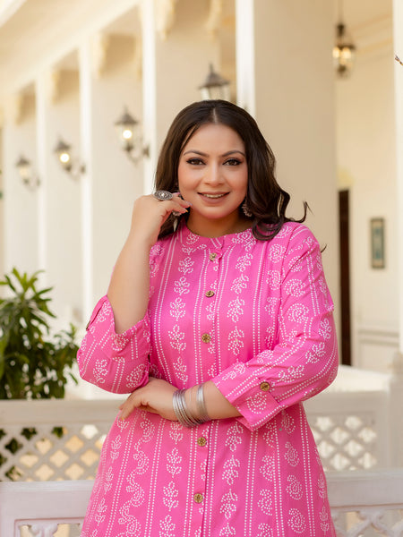 Rayon Printed Pink  Calf-Length Kurti with Three Quarter Sleeves (Plus Size)