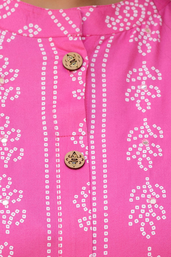 Rayon Printed Pink  Calf-Length Kurti with Three Quarter Sleeves (Plus Size)