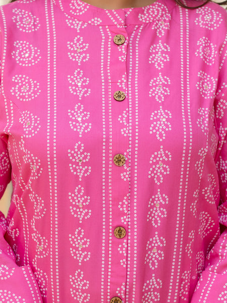 Rayon Printed Pink  Calf-Length Kurti with Three Quarter Sleeves (Plus Size)