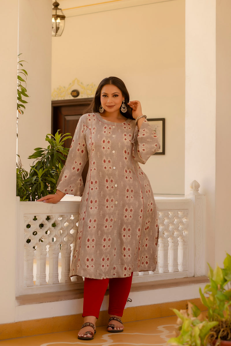 Rayon Printed Beige Calf-Length Kurti with Three Quarter Sleeves (Plus Size)