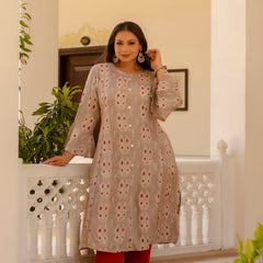 Rayon Printed Beige Calf-Length Kurti with Three Quarter Sleeves (Plus Size)