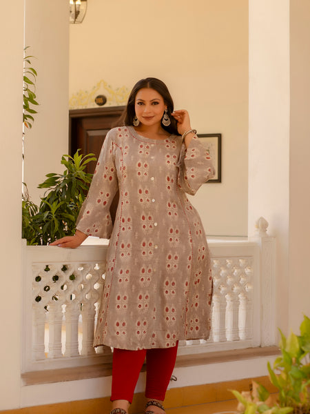 Rayon Printed Beige Calf-Length Kurti with Three Quarter Sleeves (Plus Size)