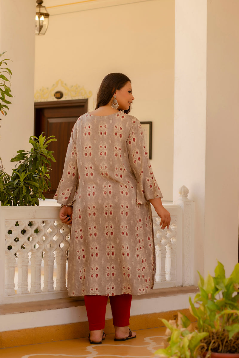 Rayon Printed Beige Calf-Length Kurti with Three Quarter Sleeves (Plus Size)