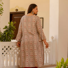 Rayon Printed Beige Calf-Length Kurti with Three Quarter Sleeves (Plus Size)