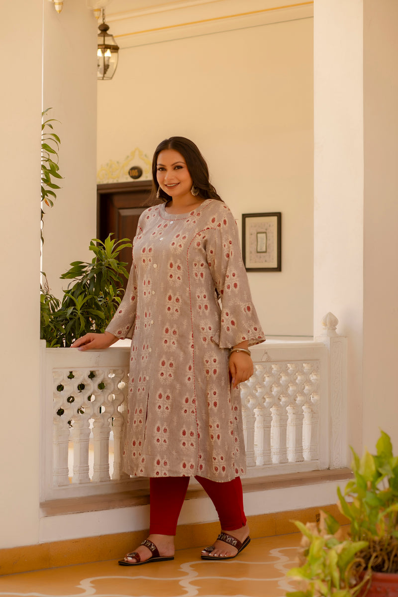 Rayon Printed Beige Calf-Length Kurti with Three Quarter Sleeves (Plus Size)