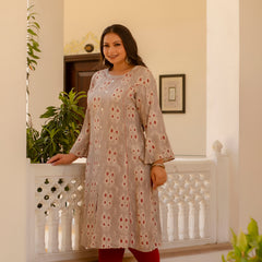 Rayon Printed Beige Calf-Length Kurti with Three Quarter Sleeves (Plus Size)