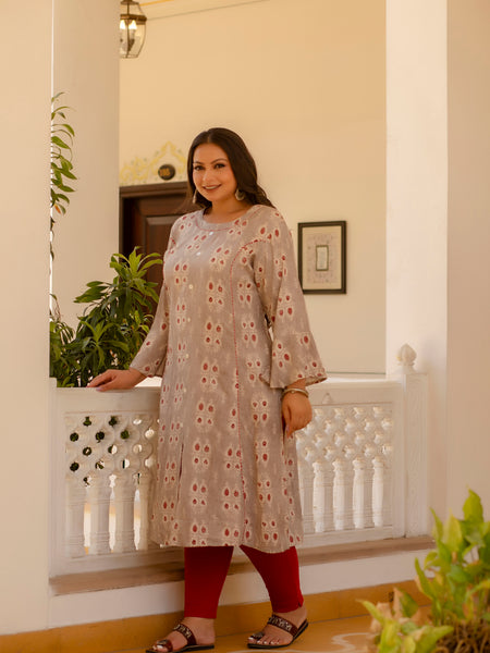 Rayon Printed Beige Calf-Length Kurti with Three Quarter Sleeves (Plus Size)
