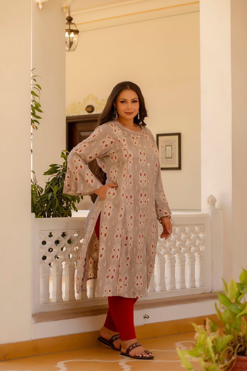 Rayon Printed Beige Calf-Length Kurti with Three Quarter Sleeves (Plus Size)