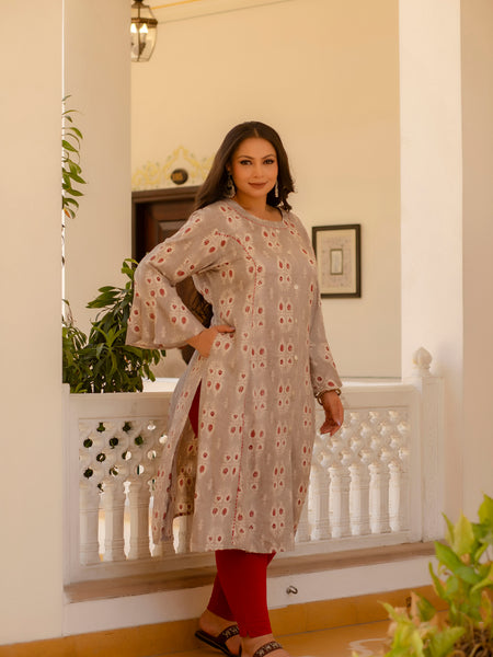 Rayon Printed Beige Calf-Length Kurti with Three Quarter Sleeves (Plus Size)