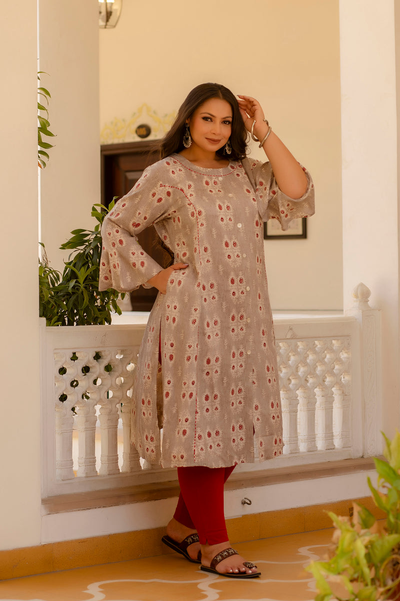 Rayon Printed Beige Calf-Length Kurti with Three Quarter Sleeves (Plus Size)