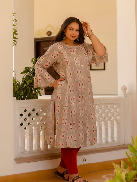 Rayon Printed Beige Calf-Length Kurti with Three Quarter Sleeves (Plus Size)