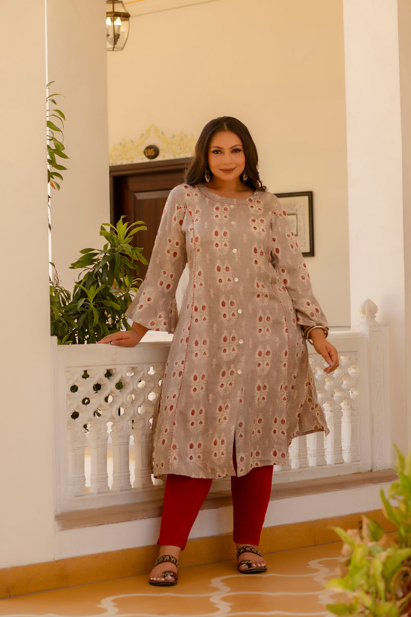 Rayon Printed Beige Calf-Length Kurti with Three Quarter Sleeves (Plus Size)
