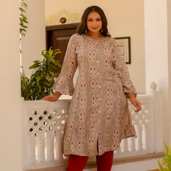 Rayon Printed Beige Calf-Length Kurti with Three Quarter Sleeves (Plus Size)