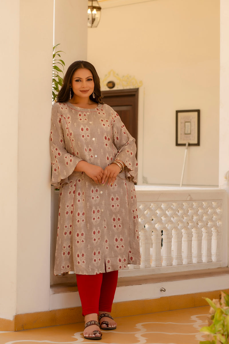 Rayon Printed Beige Calf-Length Kurti with Three Quarter Sleeves (Plus Size)