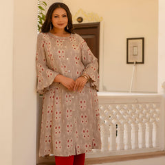 Rayon Printed Beige Calf-Length Kurti with Three Quarter Sleeves (Plus Size)