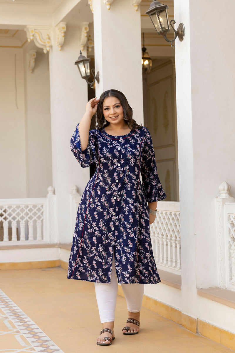 Rayon Printed Blue Calf-Length Kurti with Three Quarter Sleeves (Plus Size)