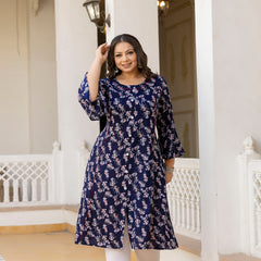 Rayon Printed Blue Calf-Length Kurti with Three Quarter Sleeves (Plus Size)