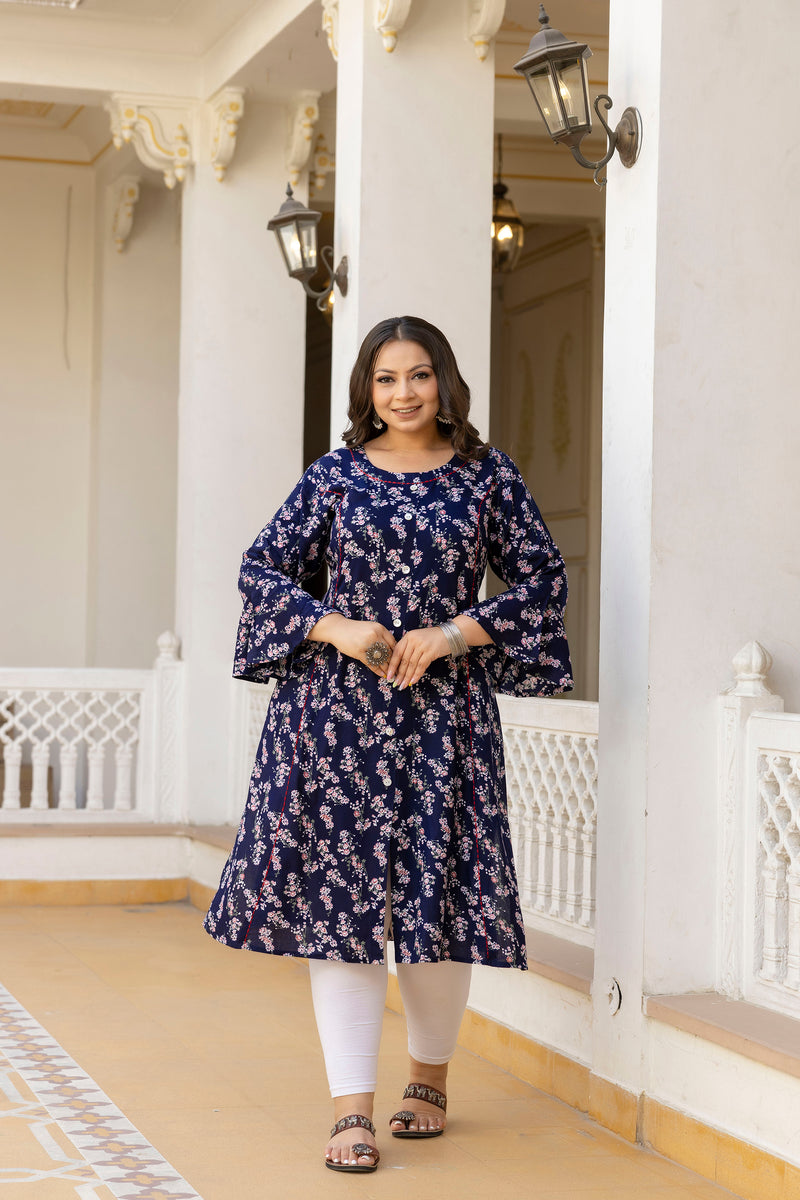 Rayon Printed Blue Calf-Length Kurti with Three Quarter Sleeves (Plus Size)