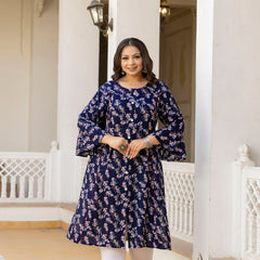 Rayon Printed Blue Calf-Length Kurti with Three Quarter Sleeves (Plus Size)