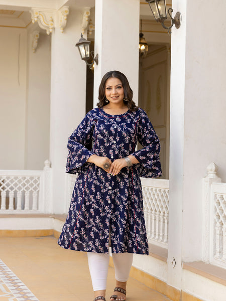 Rayon Printed Blue Calf-Length Kurti with Three Quarter Sleeves (Plus Size)