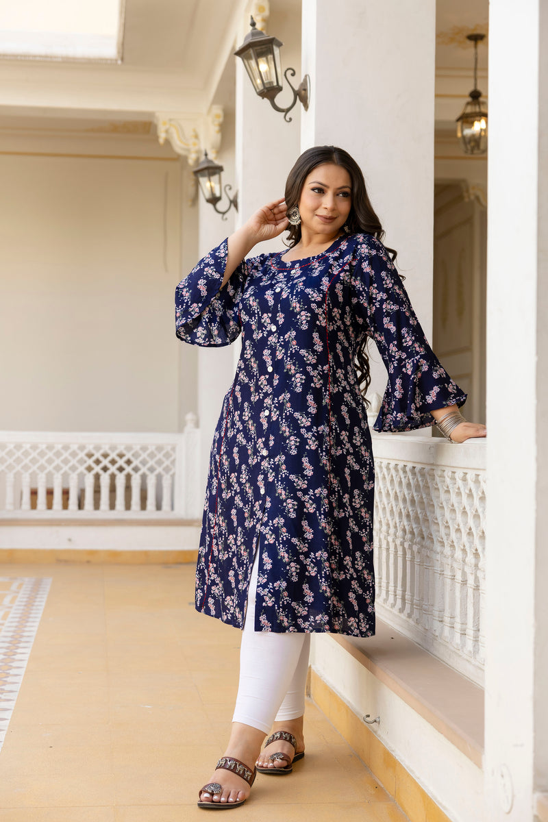 Rayon Printed Blue Calf-Length Kurti with Three Quarter Sleeves (Plus Size)