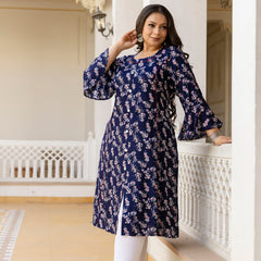 Rayon Printed Blue Calf-Length Kurti with Three Quarter Sleeves (Plus Size)
