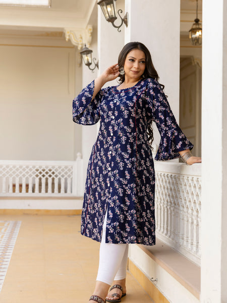 Rayon Printed Blue Calf-Length Kurti with Three Quarter Sleeves (Plus Size)