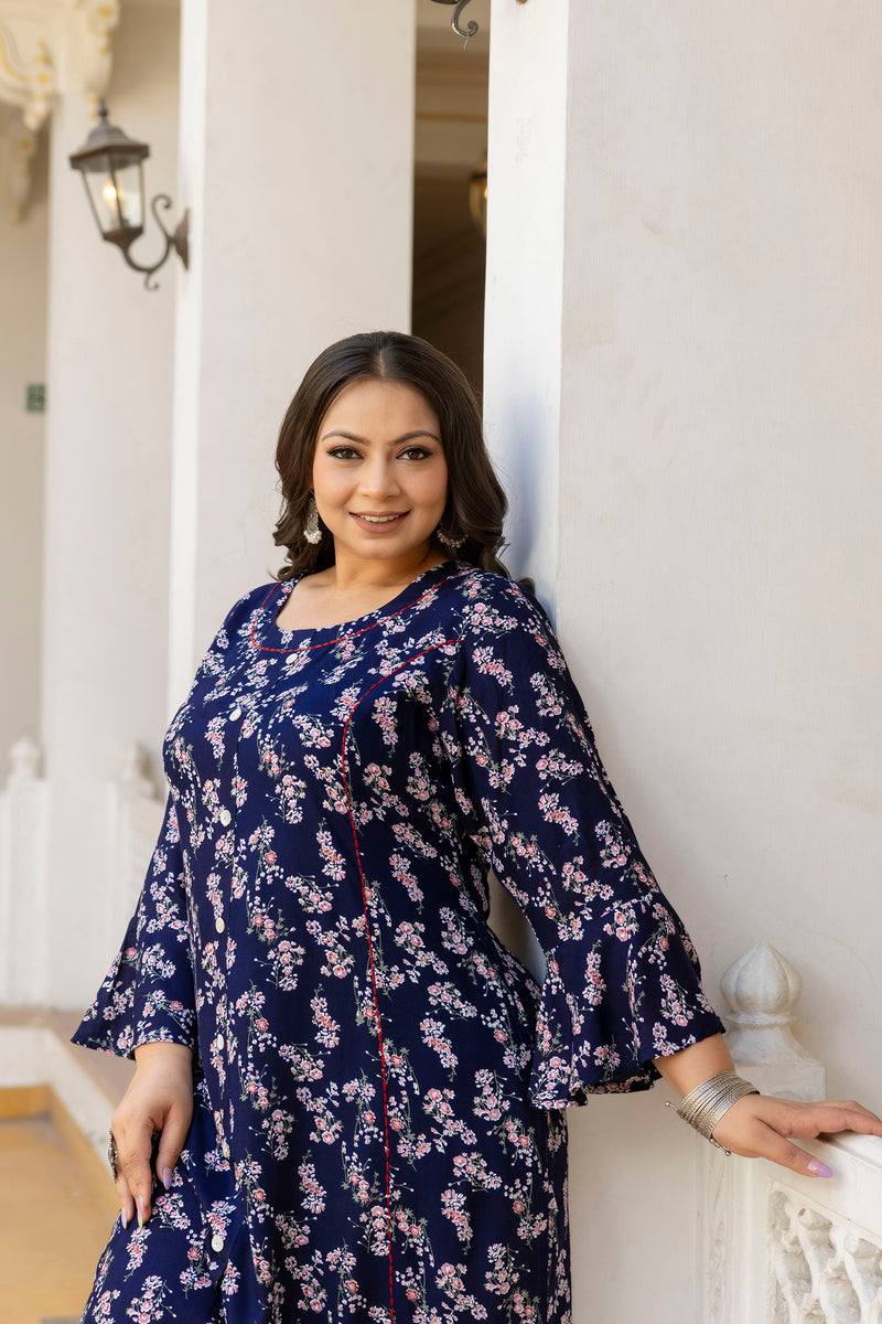 Rayon Printed Blue Calf-Length Kurti with Three Quarter Sleeves (Plus Size)