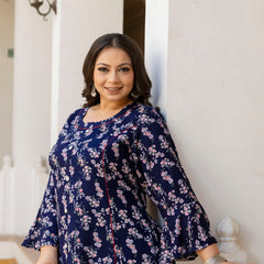 Rayon Printed Blue Calf-Length Kurti with Three Quarter Sleeves (Plus Size)
