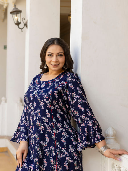 Rayon Printed Blue Calf-Length Kurti with Three Quarter Sleeves (Plus Size)