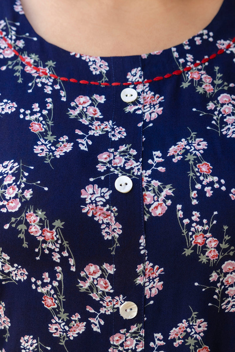 Rayon Printed Blue Calf-Length Kurti with Three Quarter Sleeves (Plus Size)