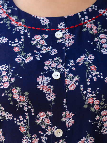 Rayon Printed Blue Calf-Length Kurti with Three Quarter Sleeves (Plus Size)