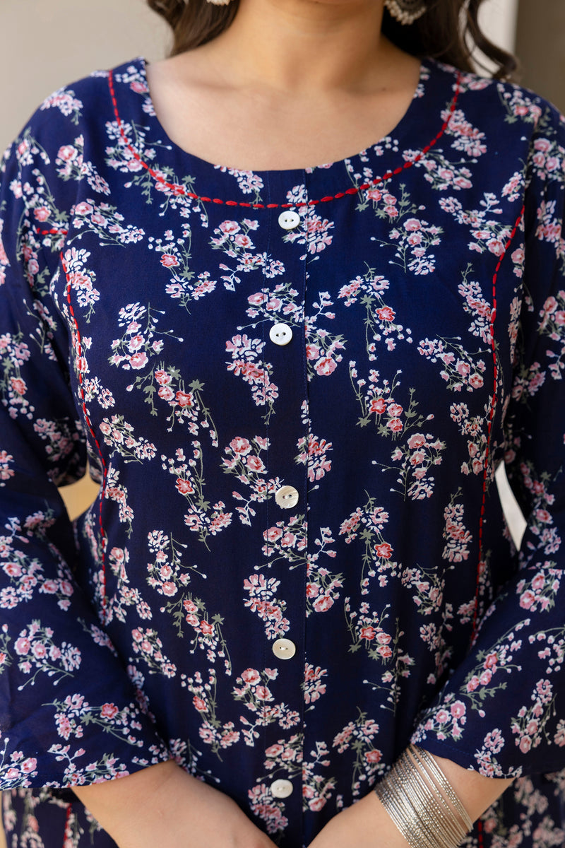 Rayon Printed Blue Calf-Length Kurti with Three Quarter Sleeves (Plus Size)