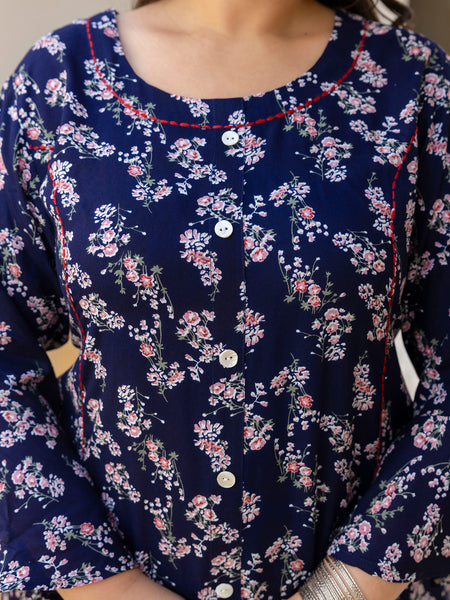 Rayon Printed Blue Calf-Length Kurti with Three Quarter Sleeves (Plus Size)