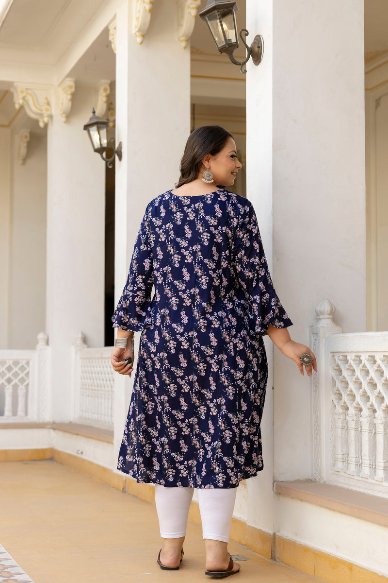 Rayon Printed Blue Calf-Length Kurti with Three Quarter Sleeves (Plus Size)