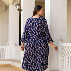 Rayon Printed Blue Calf-Length Kurti with Three Quarter Sleeves (Plus Size)
