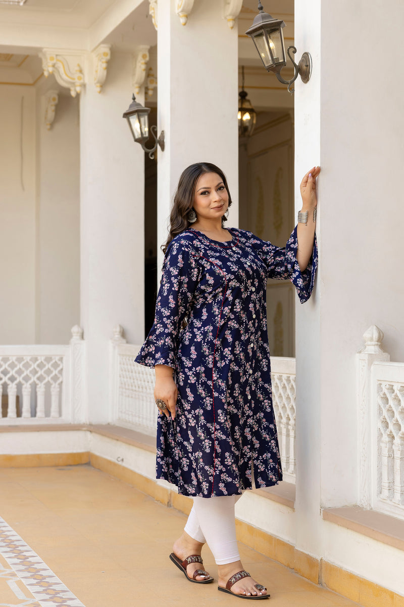 Rayon Printed Blue Calf-Length Kurti with Three Quarter Sleeves (Plus Size)