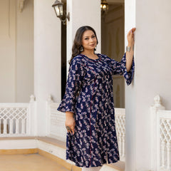 Rayon Printed Blue Calf-Length Kurti with Three Quarter Sleeves (Plus Size)