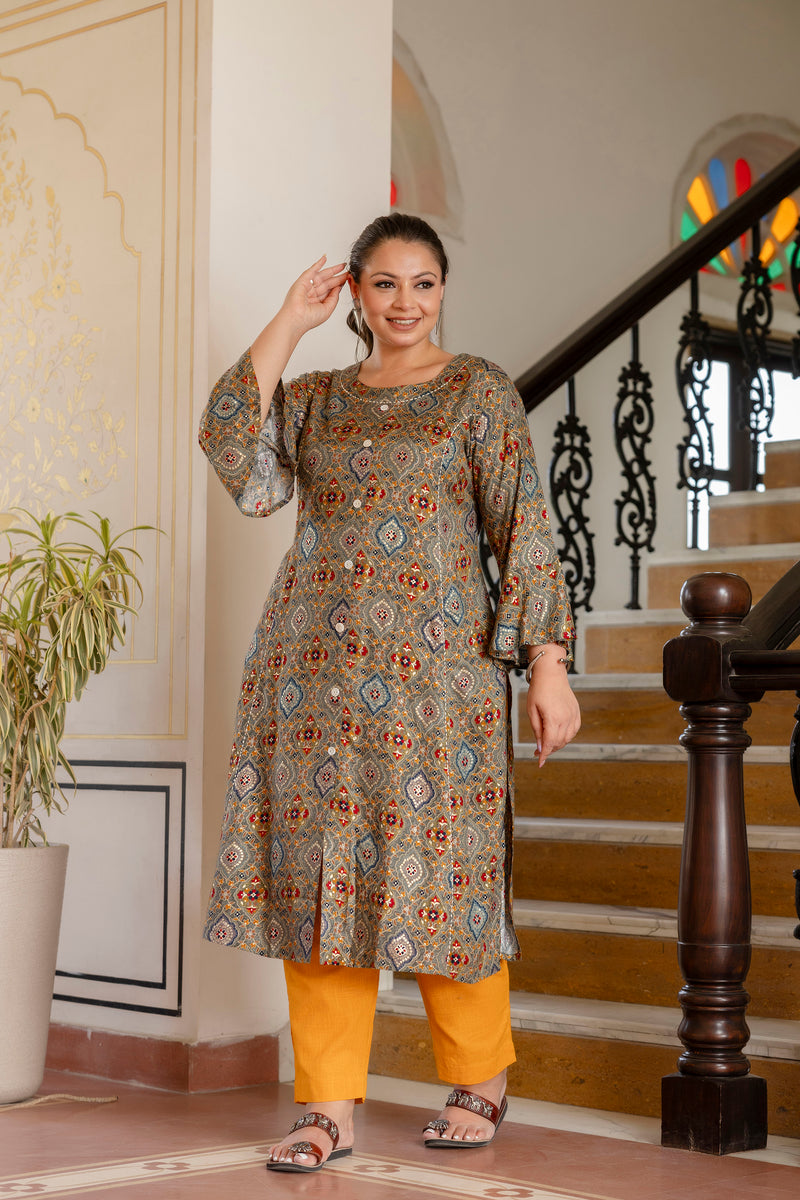 Rayon Printed Green Calf-Length Kurti with Three Quarter Sleeves (Plus Size)