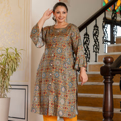 Rayon Printed Green Calf-Length Kurti with Three Quarter Sleeves (Plus Size)