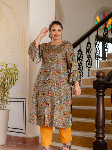 Rayon Printed Green Calf-Length Kurti with Three Quarter Sleeves (Plus Size)