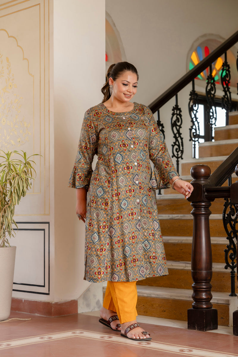 Rayon Printed Green Calf-Length Kurti with Three Quarter Sleeves (Plus Size)
